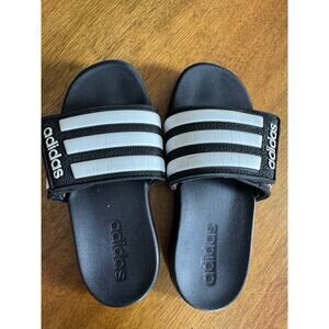 Adidas Black & White Slides Sandals Kids Size US 1 3-Stripes Comfort